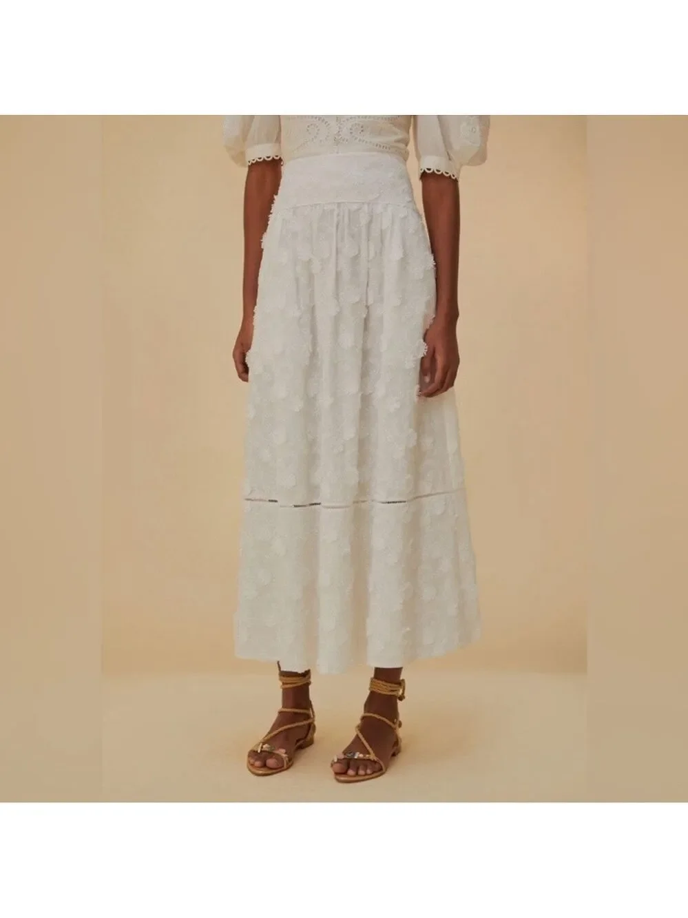 Farm Rio Off-White 3d Flower Midi Skirt